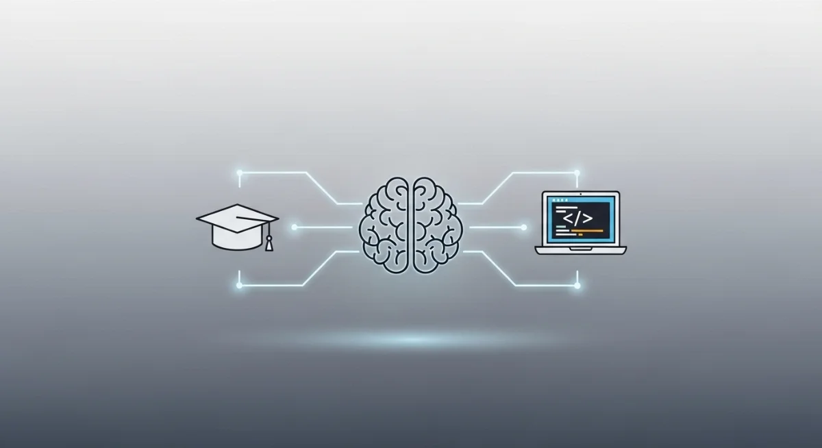 Mô tả AI trong đào tạo trực tuyến, với hình ảnh sinh viên học online và một chatbot AI hỗ trợ phía dưới