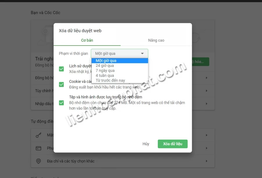 xóa lịch sử truy cập web trên coccoc
